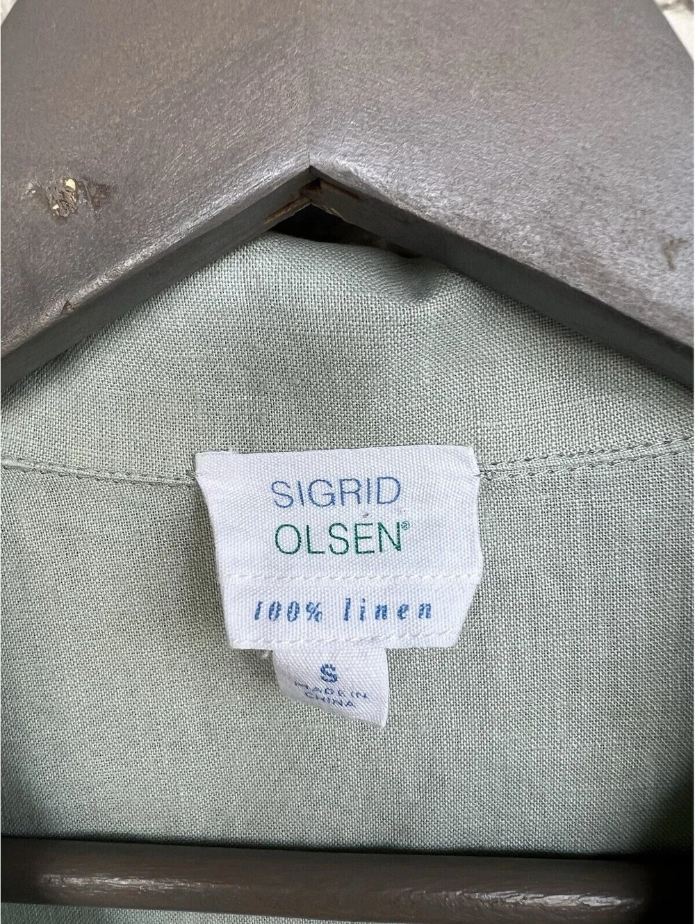 Sigrid Olsen Short Sleeves Linen Dress size Small Light Sage Green Front Pockets